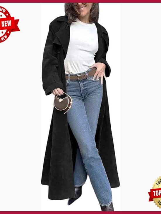 Jackets & Blazers - Faux Suede Long Trench Coat Double Breasted Pea Coat Belted Slim Fit